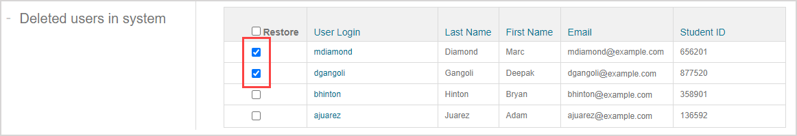 In Deleted users in system pane under Restore column of the search results table, checkboxes for two of the users is selected.